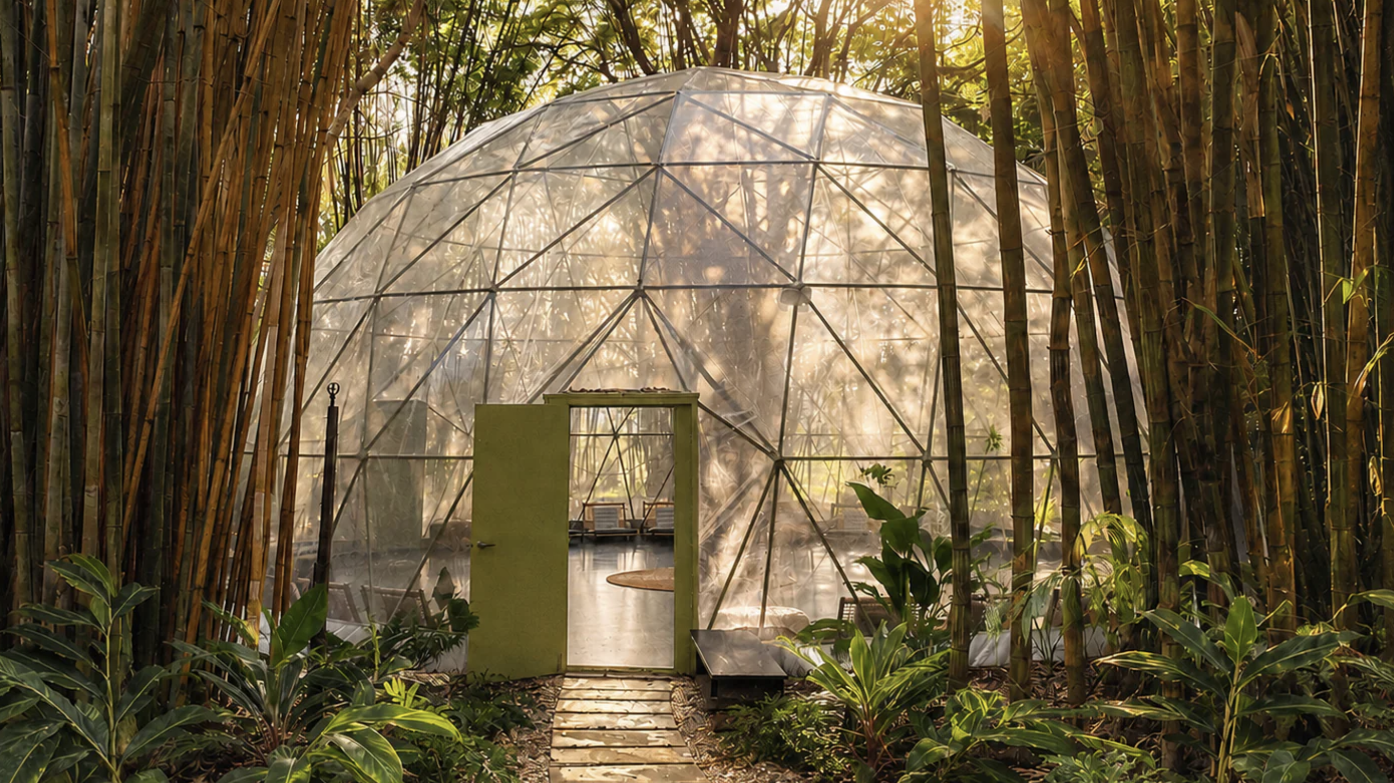 The geodesic dome at SOMA, set in the forest